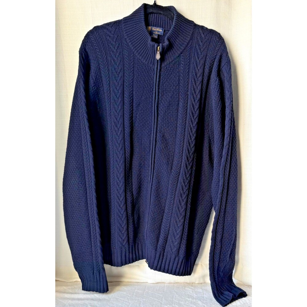 Brooks Brothers Saxxon Wool Sweater Mens XL Navy Cable Knit Full Zip Cardigan